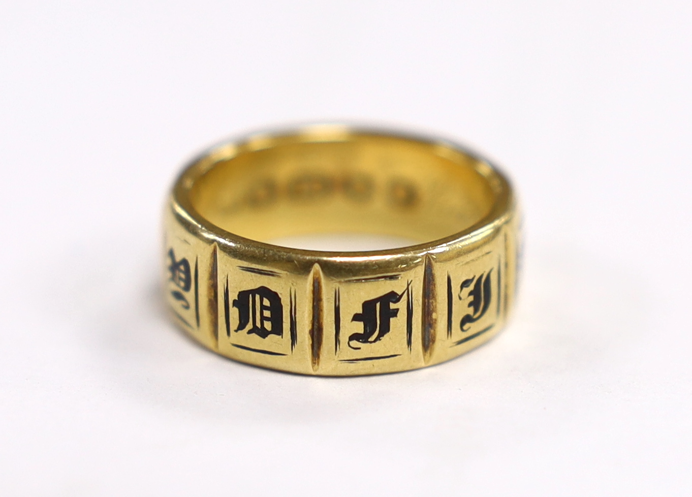 An early Victorian 18ct gold and black enamelled 'In Memory Of' mourning ring, inscribed 'Richd Goodall Esq, Obt 8th March, 1841 at 78' size L/M, gross weight 4.7 grams.